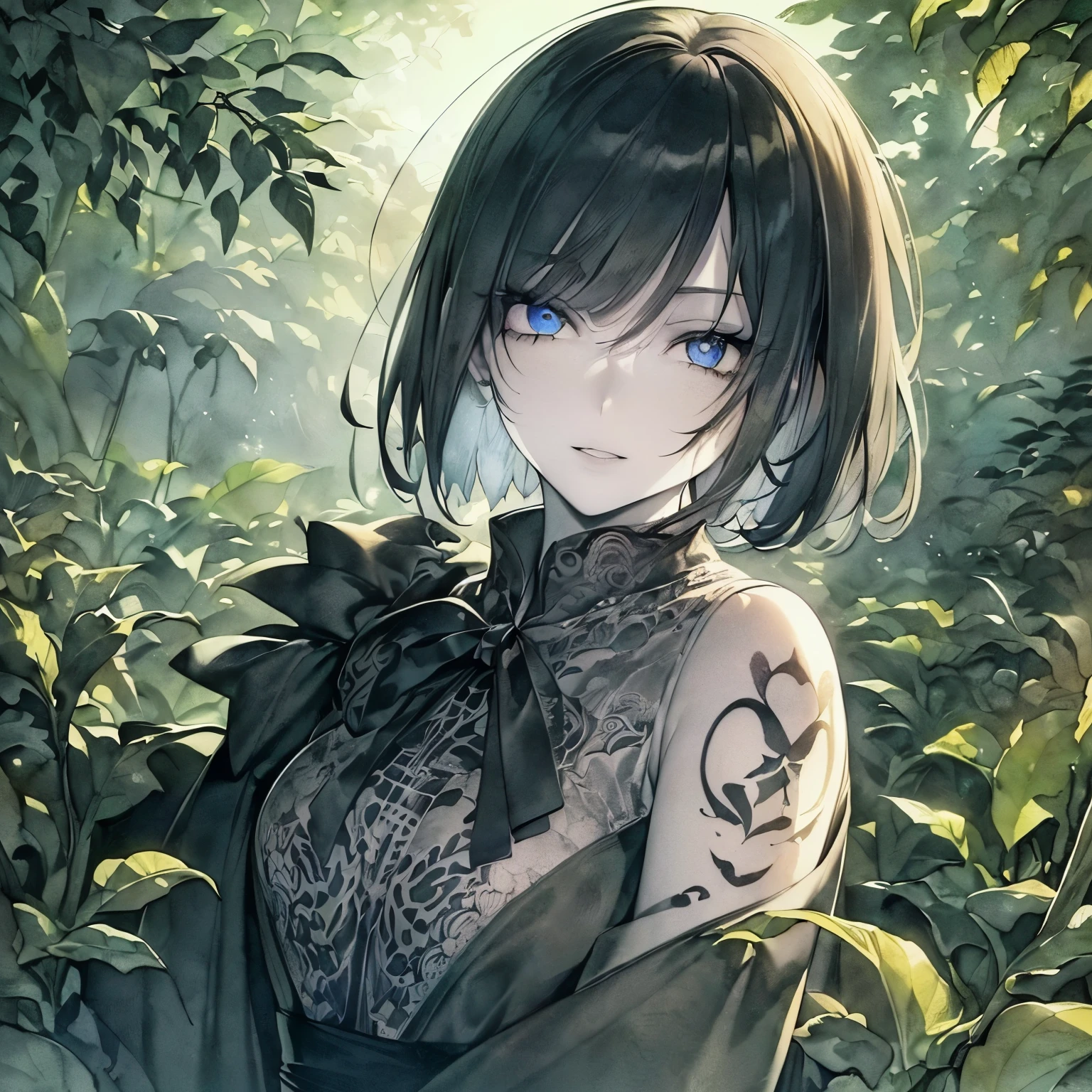 (best quality, masterpiece), (1girl, solo, brown eyes, black hair, short curved bob, small breasts),wariza, (enchanting forest mage dressed in a gown made of intertwining vines and blooming flowers), (despair:1.3), (limited pallete),(perfect composition),(heavy Monochrome:0.9),<lora:SilvermoonMix03_2:1>