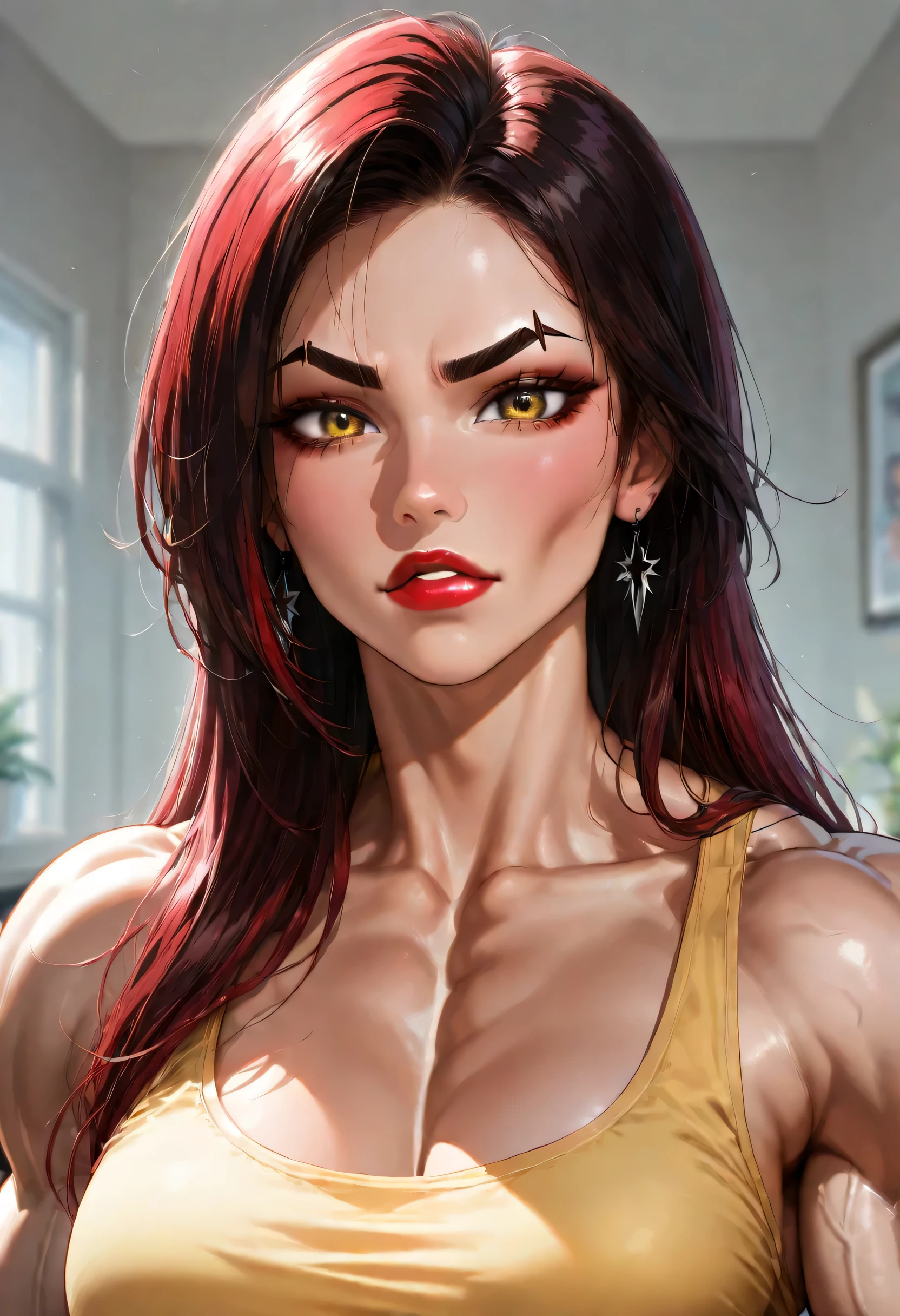 mulher com olhos verdes e cabelo loiro, rosto perfeito, with heart-shaped lips, with red lipstick at night, vestindo com uma roupa de seda vermelha com um decote em V, com um corpo perfeito, em uma festa noturna