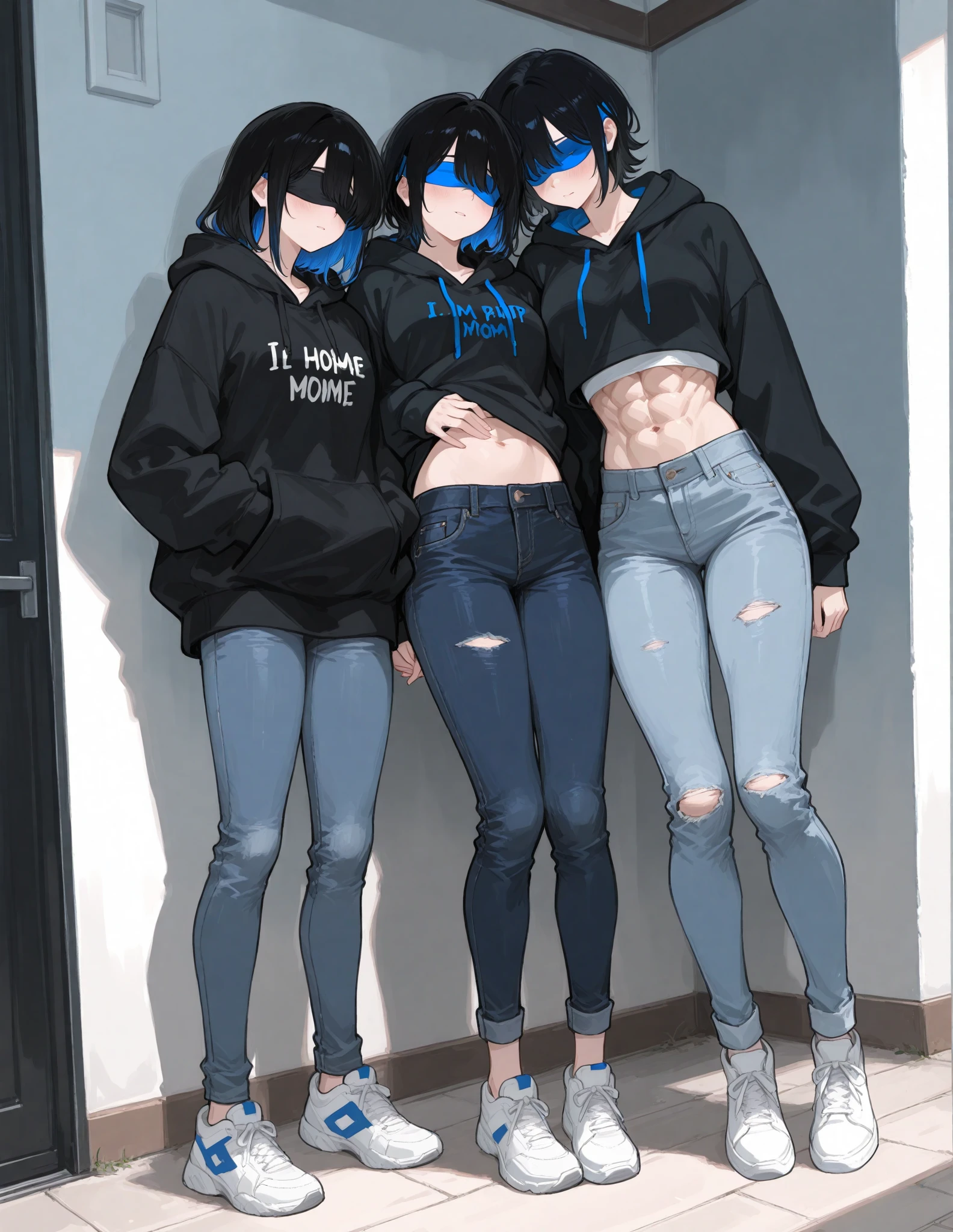 (masterpiece,best quality,high resolution,),3girls, (((jeans pants))), (((full body))), crop top, naval, midriff, worried, basement, bondage, hanged up, restraint, bound, tied up, restrained arms, restrained hands, fully restrained, restrained body, arms behind back, rope, ball gag mouth,