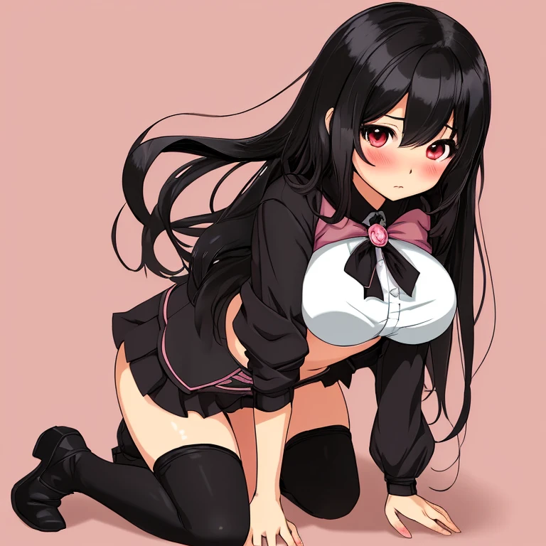 wavy black hair, piercing look with deep red eyes, average stature, Silky hair with a ponytail hairstyle collected with a red bow with two white lines., lying in her bed ,unclothed , has a vagina, has breasts,NSFW, poses perverteds, lustful look, perverted, wearing a top, wearing a mini skirt, you can see her underwear under her skirt, showing my ass to the camera, pink lingerie panties