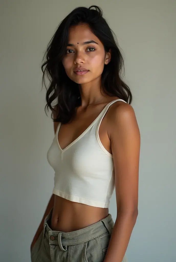 Dark brown curly hair with light wheatish skin tone with broad long nose with 154cm height with little healthy and fit hourglass figure wearing white crop top with blue jeans