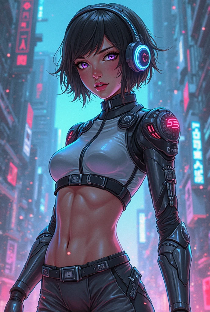 (best quality, masterpiece:1.2), a futuristic female warrior , (finely detailed skin), (in a deep neckline highly detailed sexy futuristic cyberpunk black crop top and underpants made of circuit boards, beautiful epic composition, futuristic, appealing, posing for a photo, vivid colours, dynamic lighting, dramatic shadows