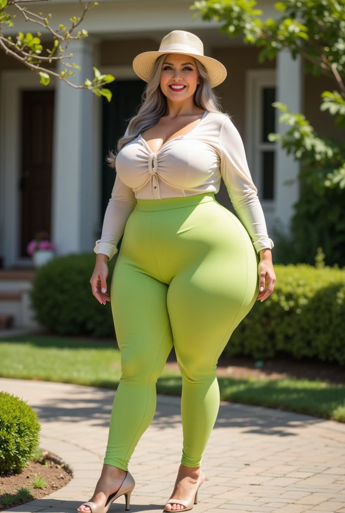 a woman in a green top and leggings posing for a picture, thicc, tight outfit, wearing tight suit, thick body, beautiful thick female, tight attire, thick, wide hips, skinny waist and thick hips, thick thigs, she has a jiggly fat round belly, curvy, wearing tight simple clothes, insanely inflated hips, curvy hourglass figure