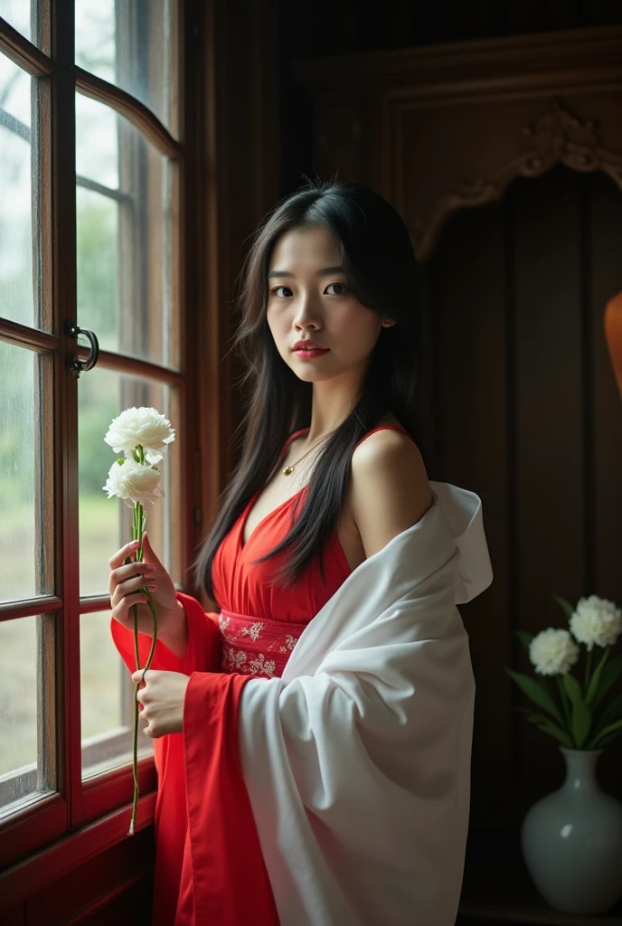 (8K resolution, masterpiece), A beautiful Asian woman in her twenties with a melancholy expression, standing by a window in a room of an old house where the dim light shines in. Clear, smooth skin, and deep, captivating brown eyes. Her long black hair fluttering in the wind and the white shawl draped over her red kimono create a beautiful contrast. She holds a single white camellia flower in her hand. In the background are antique wooden furniture and flowers (the soft natural light gently illuminates her outline, creating delicate shadows). The depth of field is shallow, and the background is beautifully blurred. An ennui-filled expression, a melancholy gaze. The whole body. A mysterious atmosphere. (A cinematic atmosphere)