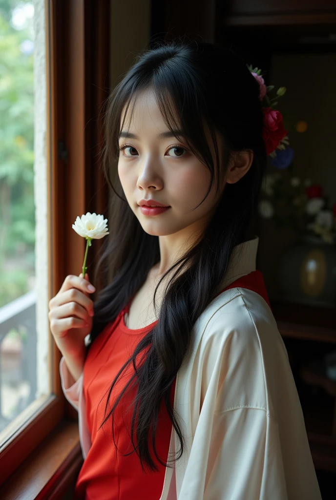 (8K resolution, masterpiece), A beautiful Asian woman in her twenties with a melancholy expression, standing by a window in a room of an old house where the dim light shines in. Clear, smooth skin, and deep, captivating brown eyes. Her long black hair fluttering in the wind and the white shawl draped over her red kimono create a beautiful contrast. She holds a single white camellia flower in her hand. In the background are antique wooden furniture and flowers (the soft natural light gently illuminates her outline, creating delicate shadows). The depth of field is shallow, and the background is beautifully blurred. An ennui-filled expression, a melancholy gaze. The whole body. A mysterious atmosphere. (A cinematic atmosphere)