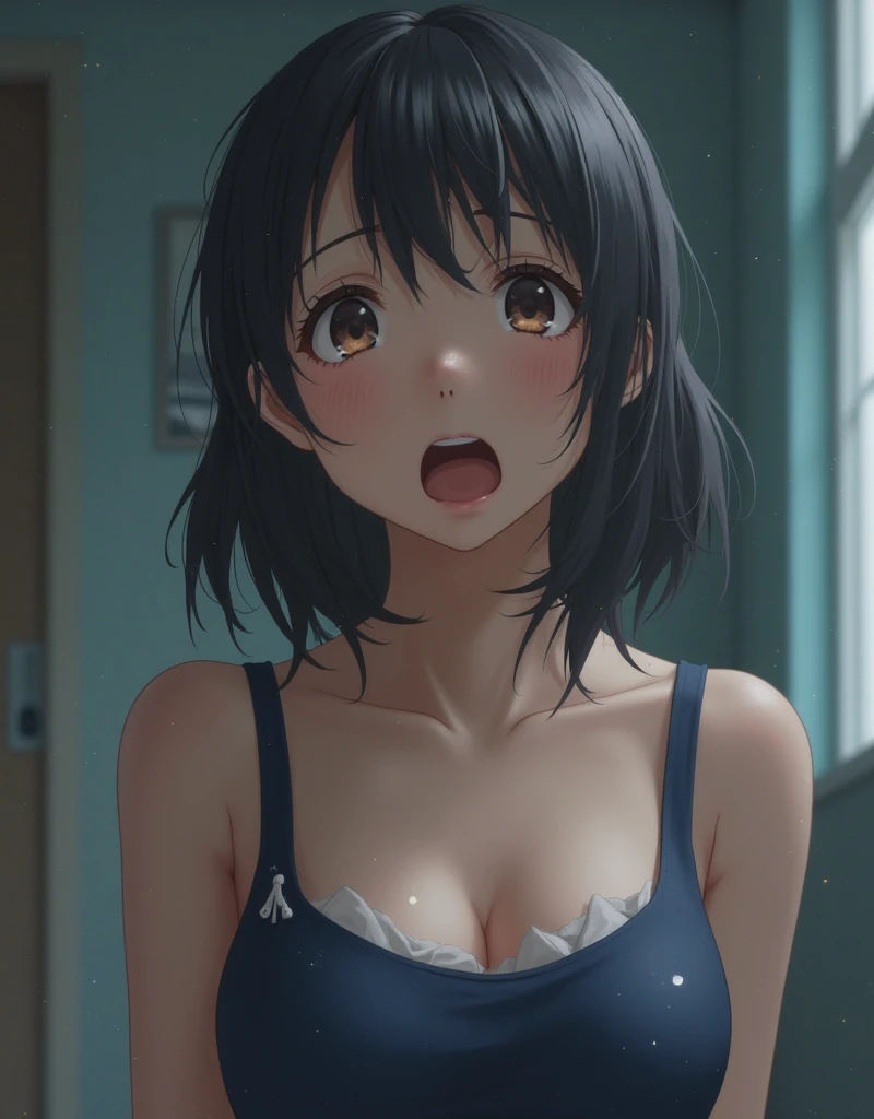 (Best quality, dynamic lighting, highly detailed, HDR) Brown haired young woman, mature, beautiful, bob hair, brown eyes, slim, medium-small breasts, perky nipples, white floral summer dress, summer hat, bare shoulder, cleavage, sleeveless, vaginal,sex,pov,beach sand,(on back), (widened eyes), shocked, scared, tears, screaming, wide open mouth, surrounded by men, surrounded by big veiny cock