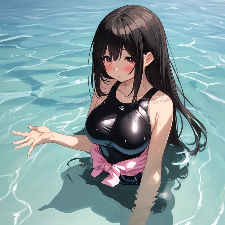 White hair band、Red eyes、Black Hair、Yor Briar、Beautiful woman swimming underwater、Light shining into the water、In the water、In the sea
