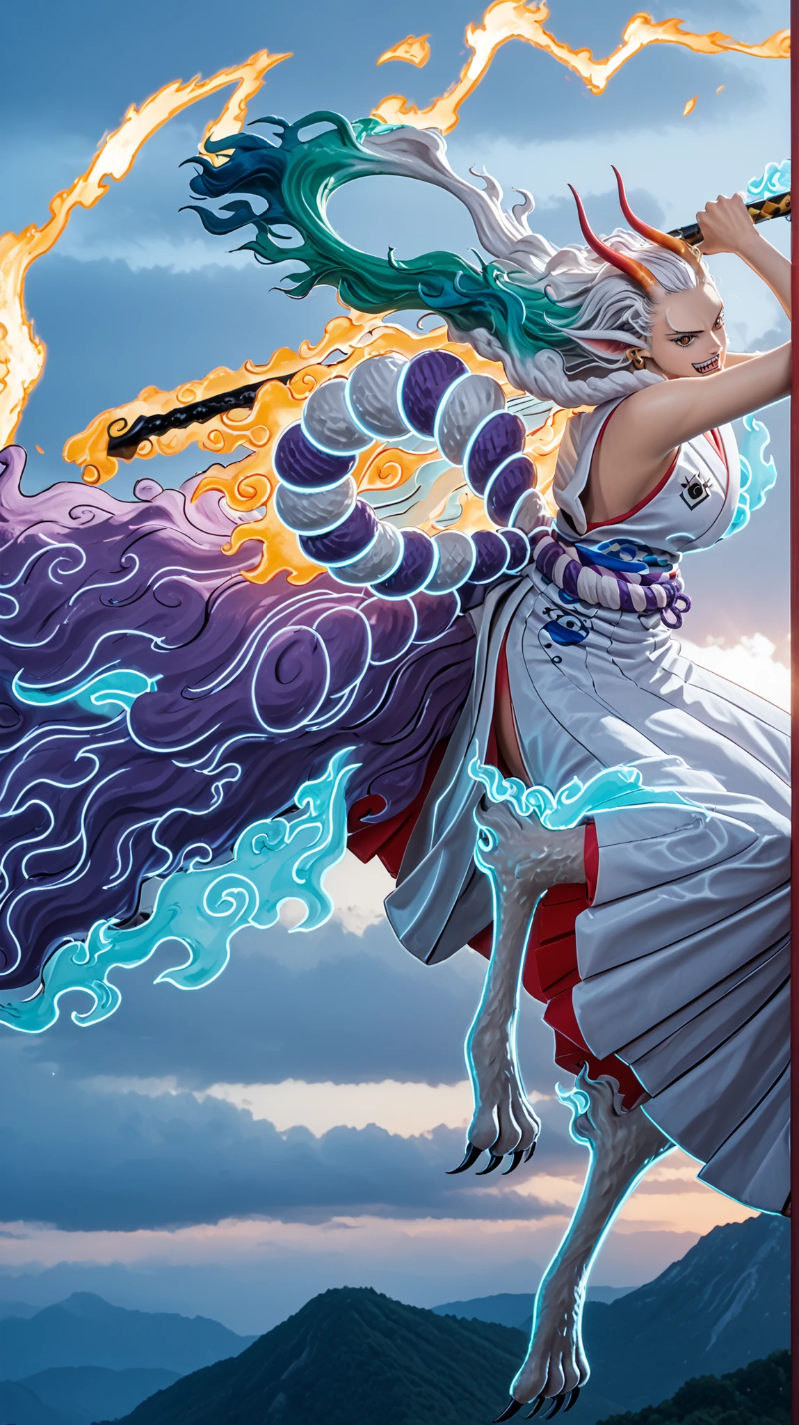Yamatowanpi (multicolored hair: 1.2), white and teal-blue flowing hair (best quality: 1.0), (very detailed: 1.0), (1 girl: 1.3), score_9, score_8_up, score_7_up, score_6_up, Yamato (One Piece), Japanese clothing, kimono, jewelry, bare shoulders, sleeveless, sleeveless kimono, shimenawa, looking fierce, rope, V-shaped eyebrows, weapon, two-toned hair, serious, frowning, sky, fighting stance, hybrid form, beast-like features, long ears, red curved horns, sharp fangs, pale blue skin, claws, tail, monster girl, animal paws, glowing spiritual flames, dynamic pose, airborne leap, kanabō raised above head, intense aura, high-energy attack, vibrant motion lines, masterpiece, best quality, intricate details, cinematic tone mapping, volumetric lighting, sharp focus, Asian, beautiful (26 years old), toned abdomen, mythological vibe