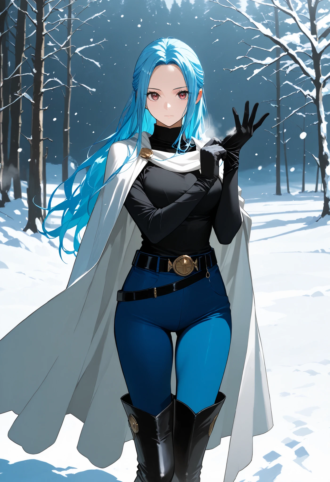 score9_up, score8_up, score7_up, solo, alone, masterpiece, best quality, nefertari-vivi, blue hair, brwon eyes, long hair, black boots, black thigh boots,blue pants, blue tight pants, black shirt, black belt, black gloves, belt, white cape, snow, very beautiful, adjusting clothes, adjusting gloves, looking at viewer, expressionless