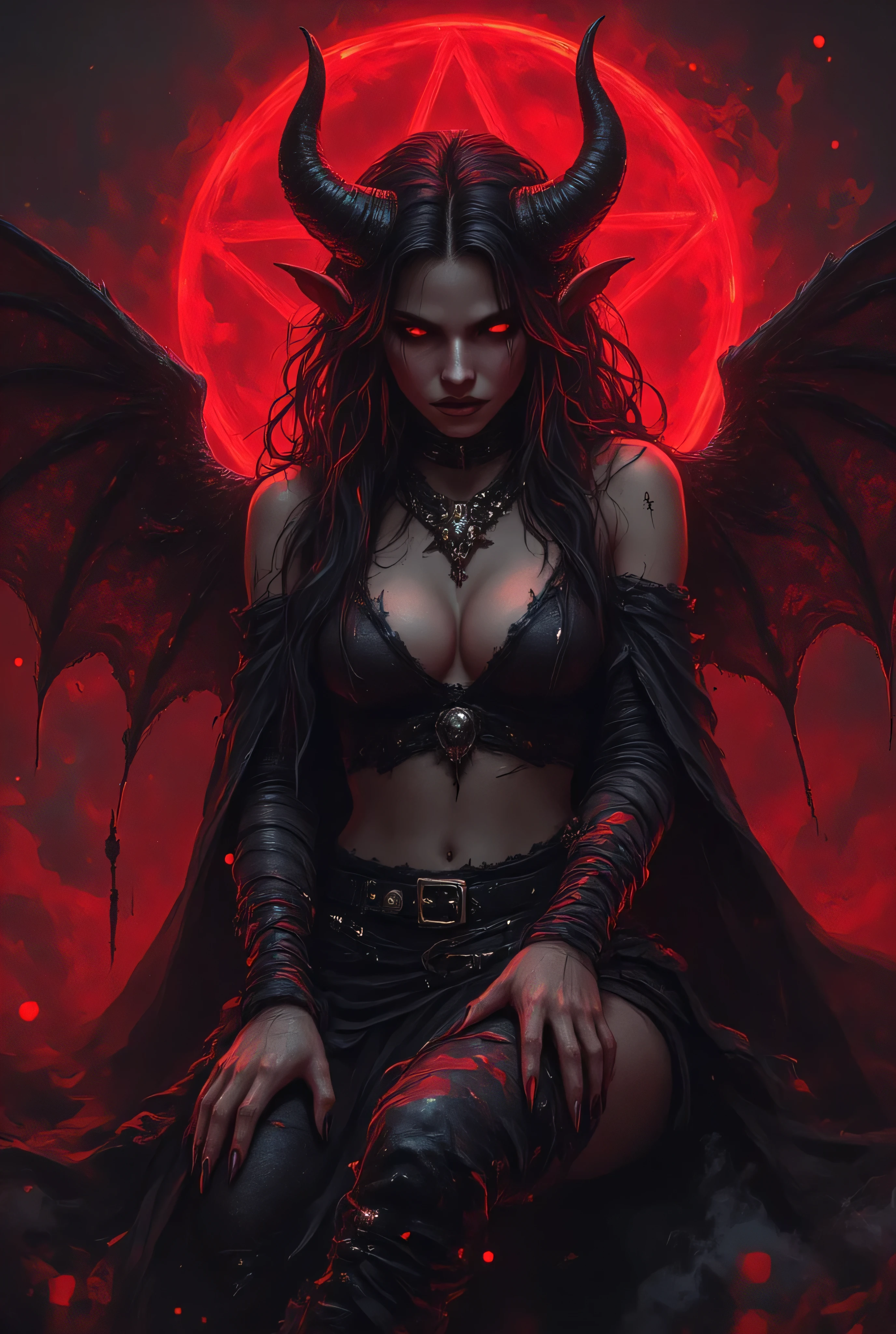 (masterpiece), (unrivalled quality:1.4), ultra-high resolution, [:velvet textures:0.2], hyperrealistic, dark fantasy portrait, 1 woman, adult (succubus:0.7) with a sly smirk, hypnotic ruby red eyes, raven-black hair cascading in waves, solo, detailed face, (cavernous underworld theme:1.1) (demonic wings:1.05), personified forbidden temptation, allure, power, darkness, succubus mythology symbolism, firelight, glow, rich purples and reds, symmetry, obsidian, foreboding cavern background, otherworldly infernal atmosphere