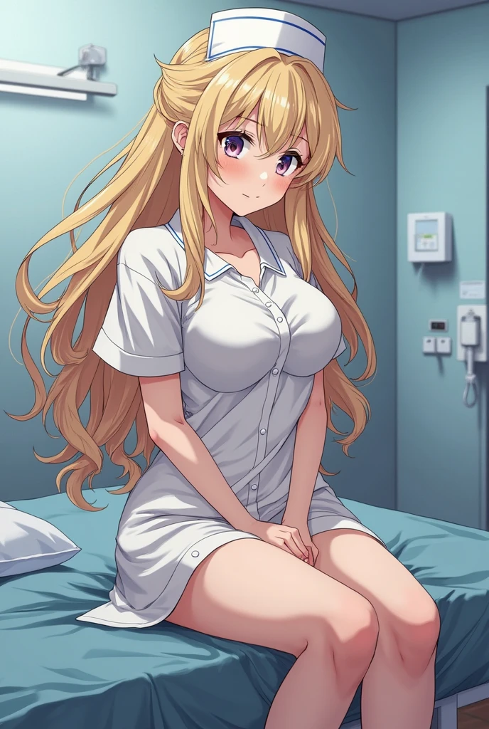Realistic, hmsan, animal ears, tail, large breasts, thighs, breasts, from below, anime screencap, bathroom, arms behind back, embarrassed, blush, nurse dress, light rays, glow, (masterpiece), wallpaper