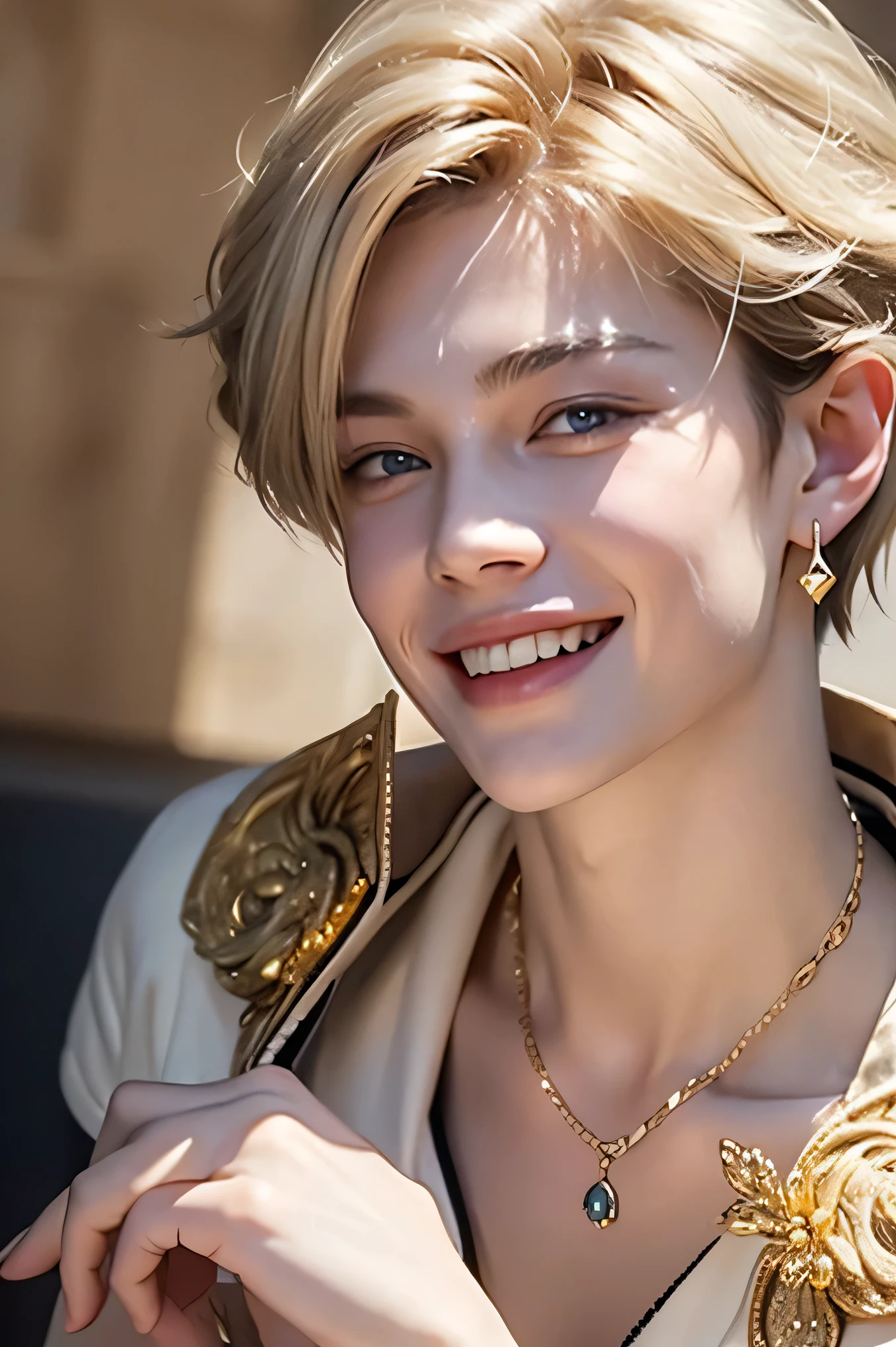 Golden Eye((The blond prince with golden hanging eyes))A Beautiful Boy With A Slender Jaw((金髪のOutside splash hair))Precise hands and fingers and a beautiful face((A very, very large golden hanging eye))The most beautiful boy in the world is the prince with the greatest smile(beautiful, smooth, silky skin1people)Luxurious Large Gemstone Necklace(luxurious large gemstone earrings、Luxurious bangle look(from above)At Viewer((Medieval aristocrat fantasy costumes with luxurious, detailed patterns))An aristocrat prince who opens his mouth and laughs(face close-up)