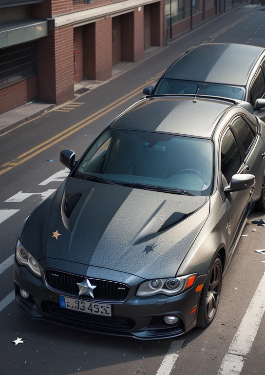 (with 4 five-pointed stars in the upper right corner:1.2)，One person smashes a car，