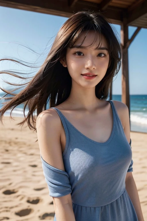 1woman,28yo,(grin)),Close up,Detailed details,、high resolution、high quality、Perfect dynamic composition、Beautiful detailed eyes、Natural Color Lip、1 persons、Transparent skin、Glowing hair、smiling,masterpiece、Best Quality、finely detail、high resolution、8K、The correct state of the human body、She wears a navy blue long knit dress、randome pose、Gravure Model Pose、Hair soaring in the wind,((beach side)),((hands up and waving)),a beach bag at shoulder,