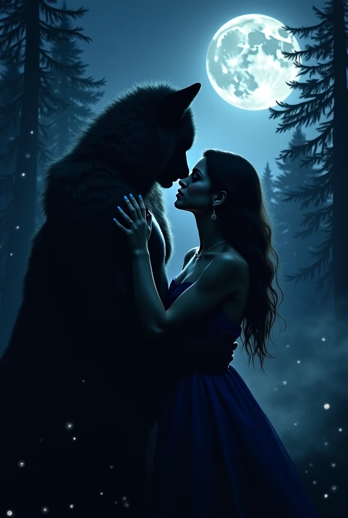 Male black and female werewolf , they have sex lying down looking at the starry sky with a galaxy . In the center a blue crystal centered in the galaxy
