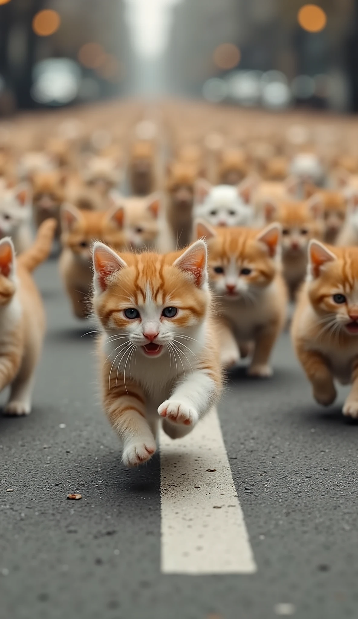 Realistic image of a large group of kittens running at their best on that roadway so there are no gaps in the roadway