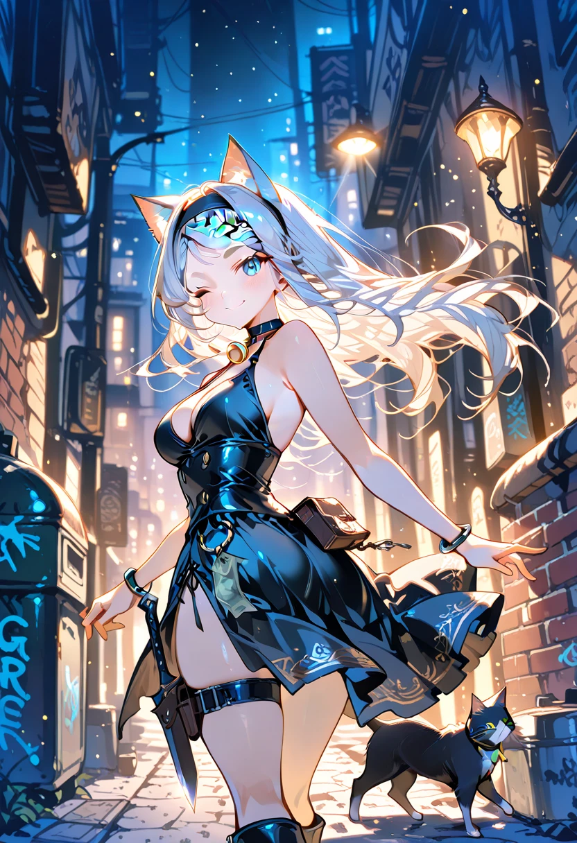 ((anime:1.2), exceptional, best aesthetic, new, newest, best quality, masterpiece, detailed:1.2),
1girl, solo, thighhighs, breasts, pointy ears, black thighhighs, gloves, looking at viewer, clothing cutout, arms behind back, cleavage, jewelry, dress, elbow gloves, standing, full body, bare shoulders, white hair, earrings, fur trim, garter straps, blush, bangs, blue eyes, shoes, medium breasts, black gloves, neon lights, smile, black footwear, city, short dress, covered navel, black dress, long hair
