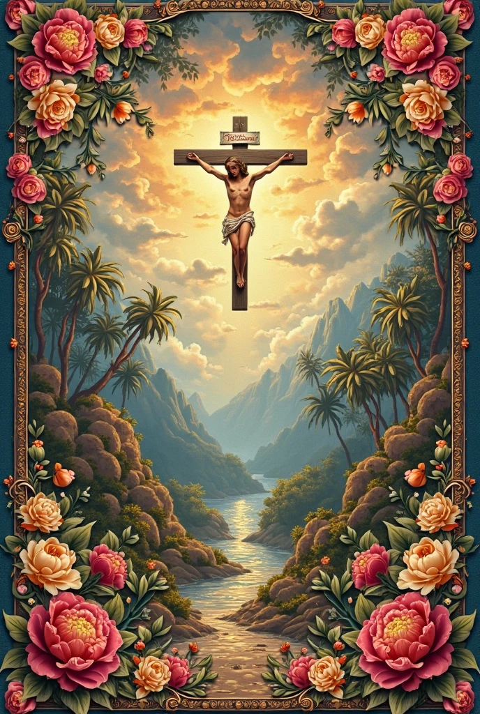 Tattoo Decal , coconut trees in the background covered with JQK playing cards , inside a crucifix formed by dice