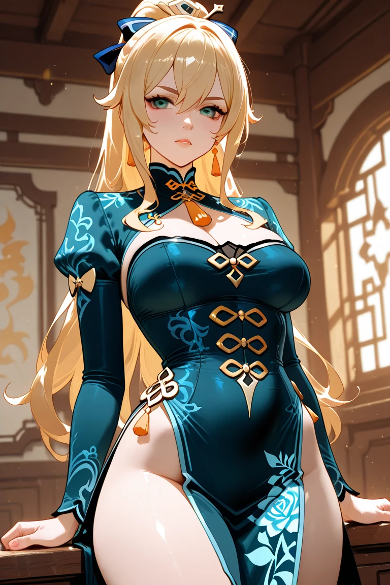 (A hyper-realistic), (illustratio), (hight resolution), (8K), (ighly detailed), (The best illustrations), (beautifully detailed eyes), (top-quality), (ultra-detailliert), (masterpiece), (wall-paper), (详细的脸), 独奏, 1 girl in, looking at the viewers, finely detail, A detailed face, murky, pureerosfaceace_v1, A smile, A half body, Long legs in transparent invisible underwear, big breasts thin waist, s ass, Ultra-thin makeup, invisible clothes, Legs apart、sexy dress、Scandinavian face、a blond、Blue eyes、Beautiful face、Teenage girl、Expressive、gesture、Satin luster 、full body Esbian、Genital bite、 stand up、Beige underwear、The sheen、Sheer skin、Nipple protrusions、Sexy cheongsam style、kawaii、opencrotch、Beautiful dress