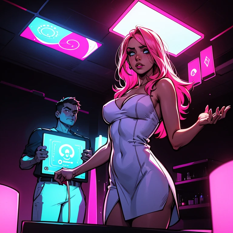 ((Realstic)) and ultra-detailed photography of a nude woman, sexy pants, sexy bra, neon colors, rim lighting, atmospheric lighting, woman is well lit, sexy, beautiful woman, glowing skin, cinematic lighting, dark background