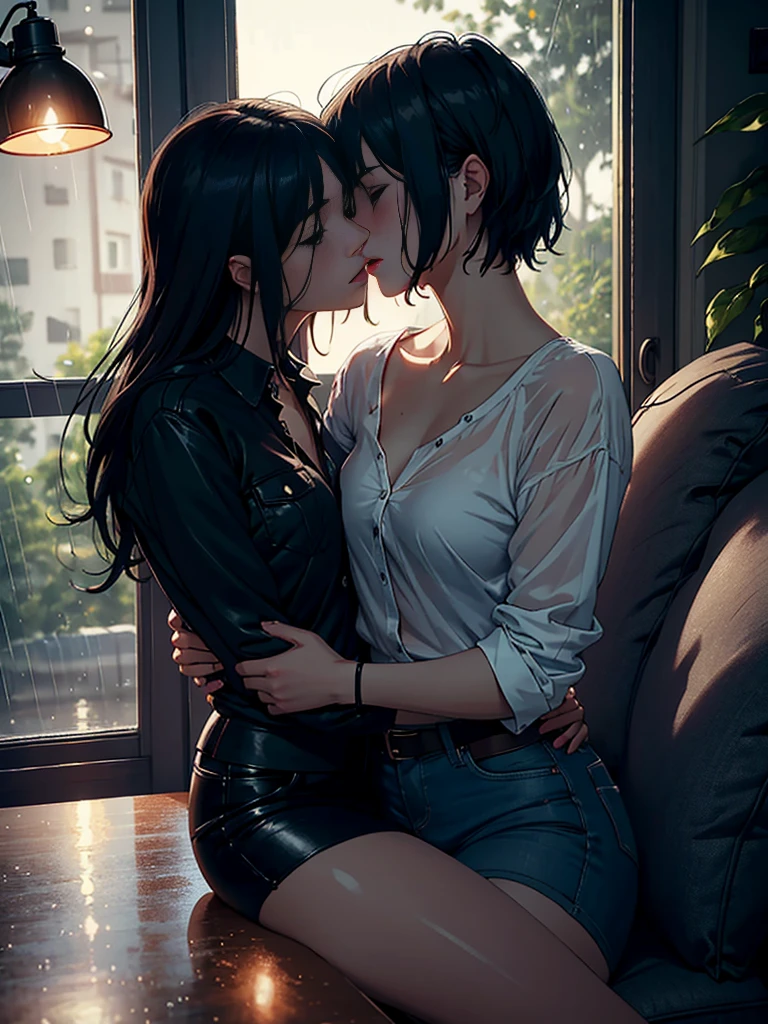 Two lesbians aggressively making out passionately, lips touching, hugging tight, kissing, passionate, erotic, sitting on lap, chair, window, raining outside, night time, dark room, one lamp, warm lighting