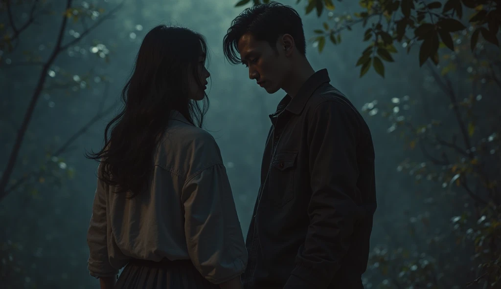 A lifelike image, a young woman in white clothes, looking exhausted in a forest at night, a young man stops in front of her, the young man is wearing white clothes, in ancient China, Tang Dynasty, the atmosphere is dark, only the moonlight shines, the two people stand with their arms around each other, staring into each other&#39;s eyes, a light rain is falling, the thin cloth is soaked, hugging the body tightly.