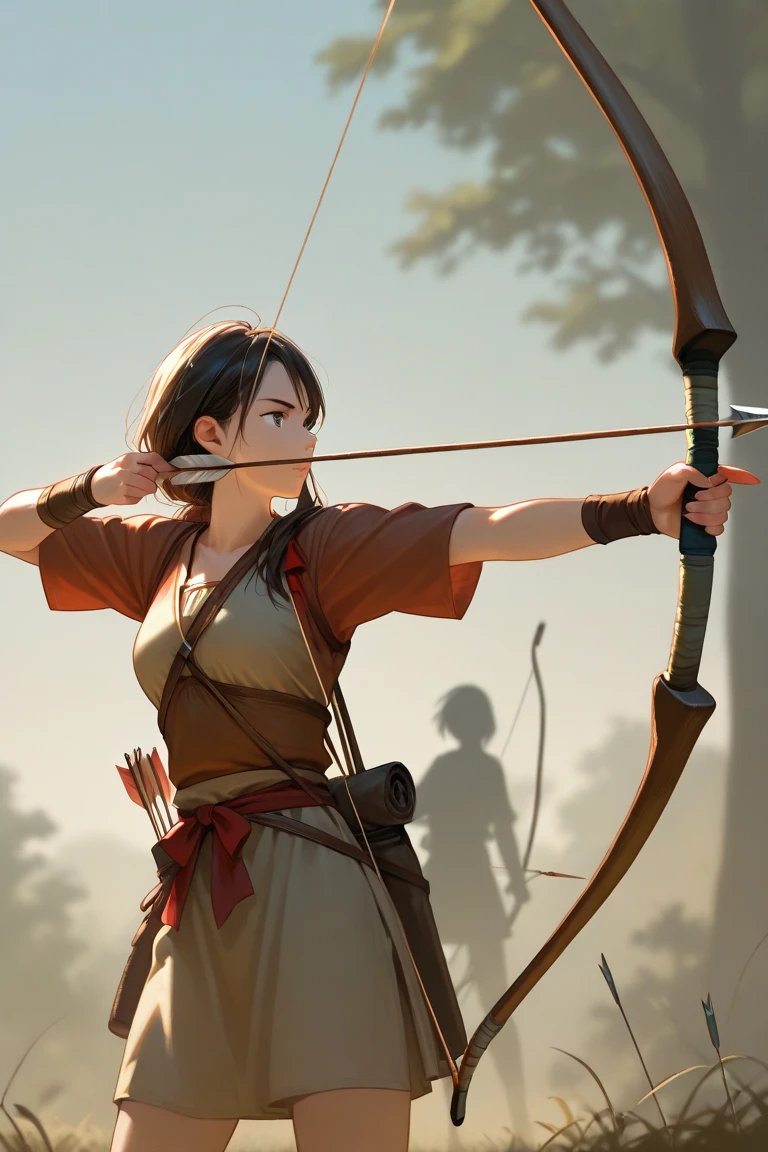 1girl,recurve bow , Aiming a Bow, firing and arrow, Bow, Japanese, kyudo, yumi, solo, d1dress, brown hair, gloves, holding, standing, full body, ponytail, weapon, single glove, bow \(weapon\), partially fingerless gloves, arrow \(projectile\), holding bow \(weapon\), aiming, drawing bow, archery, d1 dress, cloth, beautiful eyes<lora:mergedarchedlora:0.7>