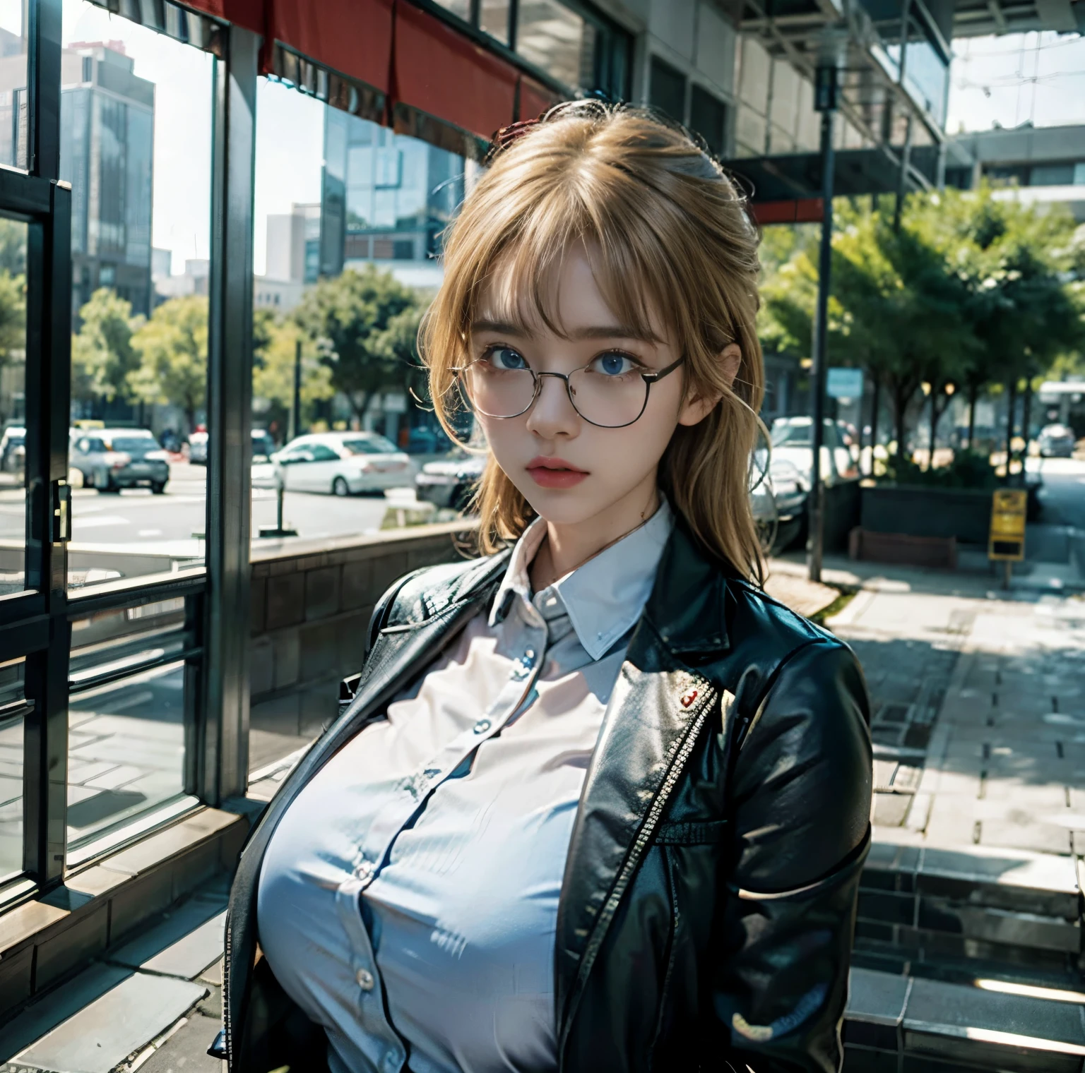 Aristocratic young woman、a blond、blue eyes girl、Shortcut Bob、Career Woman、Urban skyscrapers、(black jacket open front)、(Translucent blouse)、(black mini flare skirt slit)、(woman walking in new york&#39;office district),(Wearing glasses),(a smile),(breasts of medium size,),Cleavage coordination),