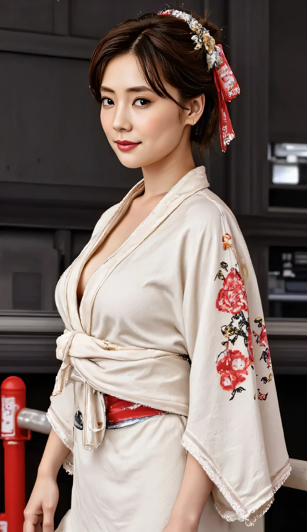 Utamaro's Ukiyo-e 、Beautiful Ukiyo-e composition、HD、4K、8k、16k、Woman uper high resolution、detailed description、A kimono with a bright white floral pattern that looks like art、(川沿いのライトupされた鮮やかな桜を見ている)、A work like the culmination of Ukiyo-e、 color difference、bewitching beautiful woman in beautiful Ukiyo-e、high image quality、 facial features 、((Spectacular natural scenery))、score_9, score_8_up, score_7_up,high res photos, masterpiece, best quality work, great quality, very detailed, Complicated Details, sharp detail、Focus on Your FACE, perfect hands, perfect anatomy, detail hand , detailed finger,Japanese、Outdoors、、髪はup、It goes well with kimonos、((A beautiful night view of cherry blossom trees in full bloom along the riverside lined with red lanterns))、A beautiful woman with a seductive expression、Cherry blossom petals are falling、((Beautiful night view of illuminated cherry blossom trees in full bloom along a river lined with red lanterns))、A seductive kimono