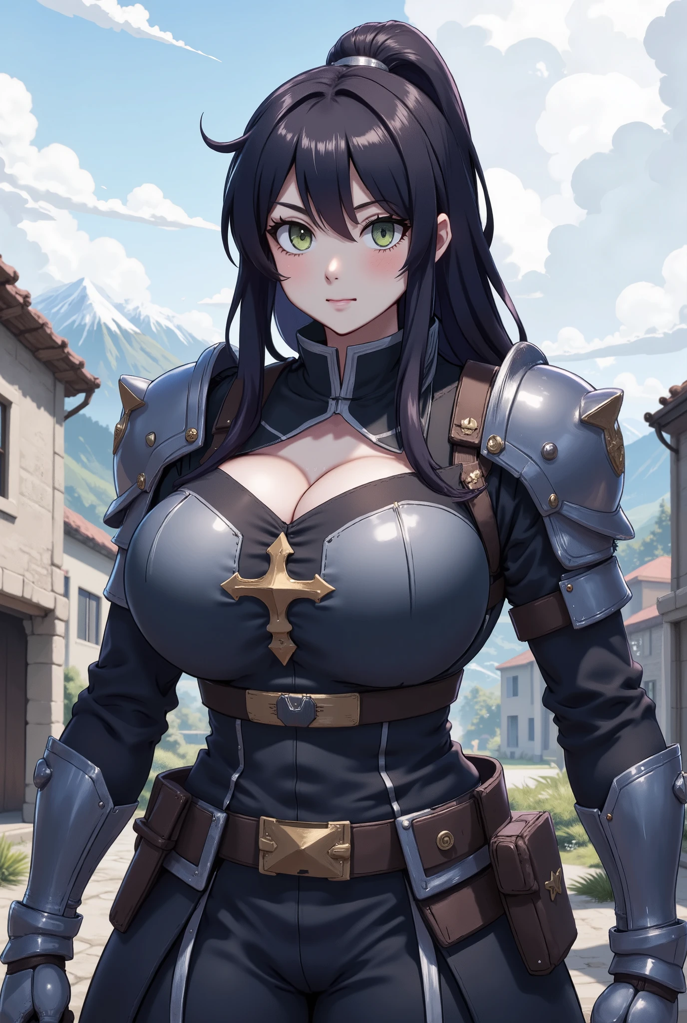 sexy woman, mature, big , curvy, voluptuous, black hair, brown eyes, side bangs, hunter armor, loincloth, smile, standing, castle, outdoors, solo focus, greatsword