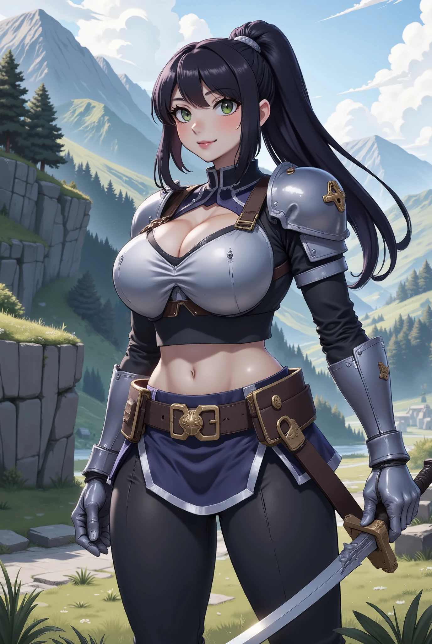 sexy woman, mature, big , curvy, voluptuous, black hair, brown eyes, slick back, side bangs, hunter armor, loincloth, smile, standing, castle, outdoors, solo focus, greatsword