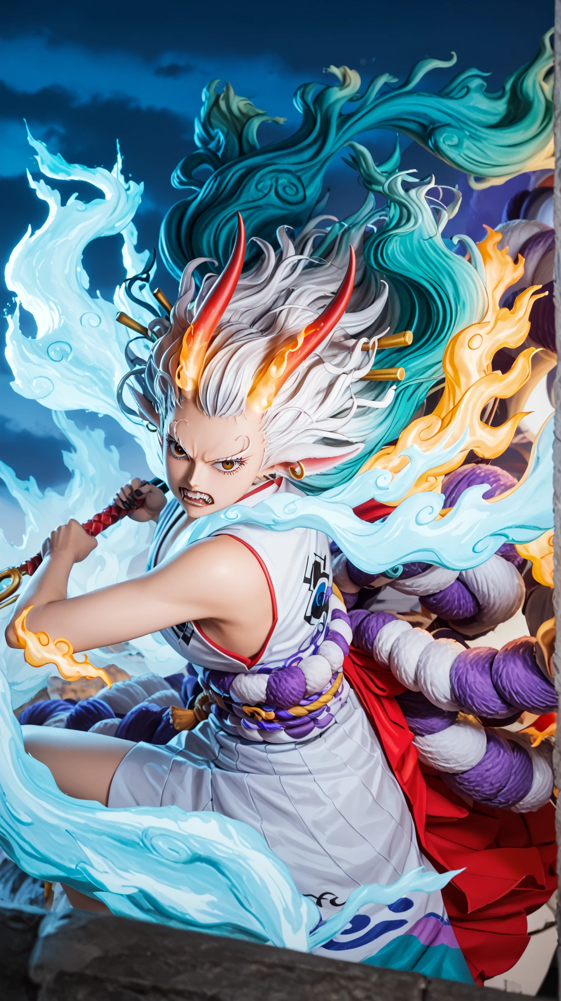 Yamatowanpi (multicolored hair: 1.2), white and teal-blue flowing hair (best quality: 1.0), (very detailed: 1.0), (1 girl: 1.3), score_9, score_8_up, score_7_up, score_6_up, Yamato (One Piece), Japanese clothing, kimono, jewelry, bare shoulders, sleeveless, sleeveless kimono, shimenawa, looking fierce, rope, V-shaped eyebrows, weapon, two-toned hair, serious, frowning, sky, fighting stance, hybrid form, beast-like features, long ears, red curved horns, sharp fangs, pale blue skin, claws, tail, monster girl, animal paws, glowing spiritual flames, dynamic pose, airborne leap, kanabō raised above head, intense aura, high-energy attack, vibrant motion lines, masterpiece, best quality, intricate details, cinematic tone mapping, volumetric lighting, sharp focus, Asian, beautiful (26 years old), toned abdomen, mythological vibe