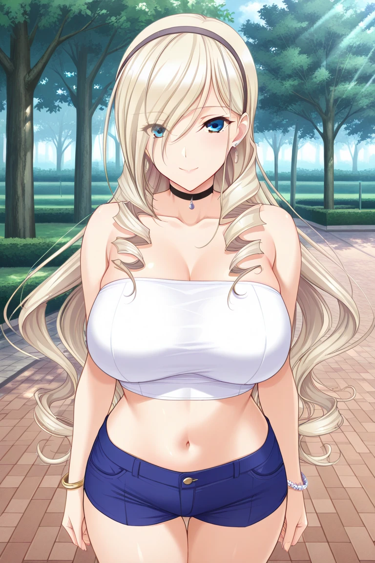 asuna ba, bow, looking at viewer, ribbon, long hair, thighs, platinum blonde hair, grin, wrist scrunchie, large breasts, hair ribbon, hair over one eye, very long hair, solo, blue eyes, 1girl, blush, black choker, cotton pencil skirt, upskirt, pantyshot, white thong, cleavage, cleavage, (underboob:1.2), sexy pose, sitting,