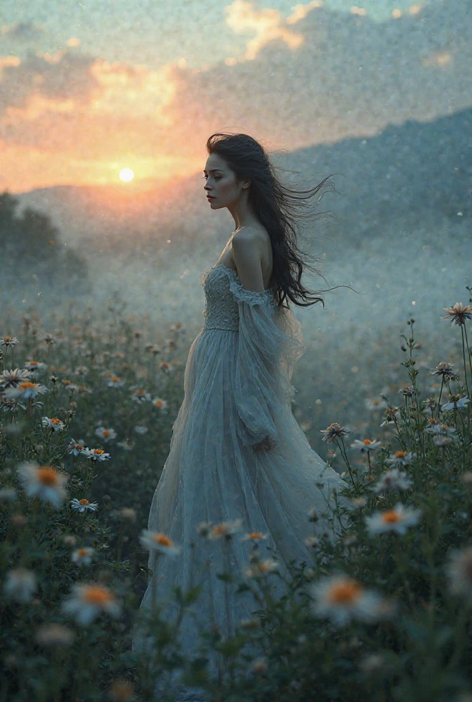 (designed by Louis Icart:0.9) , (Lorelei Lee:1.3) , holding a Bouquet of Flowers, Apocalyptic hair, field, at Twilight, Bokeh, Villagecore, Swirling Flannel, en plein air, <lora:Acdemical_paintings_of_Henryk_Siemiradzki:1>
