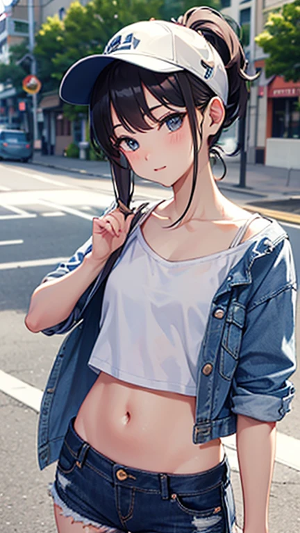 (masterpiece:1.3),(highly detailed:1.3),(highres:1.1),best quality,Ultra-detail,1girl,solo,street,waving,centi \(supreme holiday\),baseball cap,white shirt,see-through shirt,navel,tank top,short shorts,sneakers,smile,looking at viewer,sexy, black hair, blue eyes, large breast