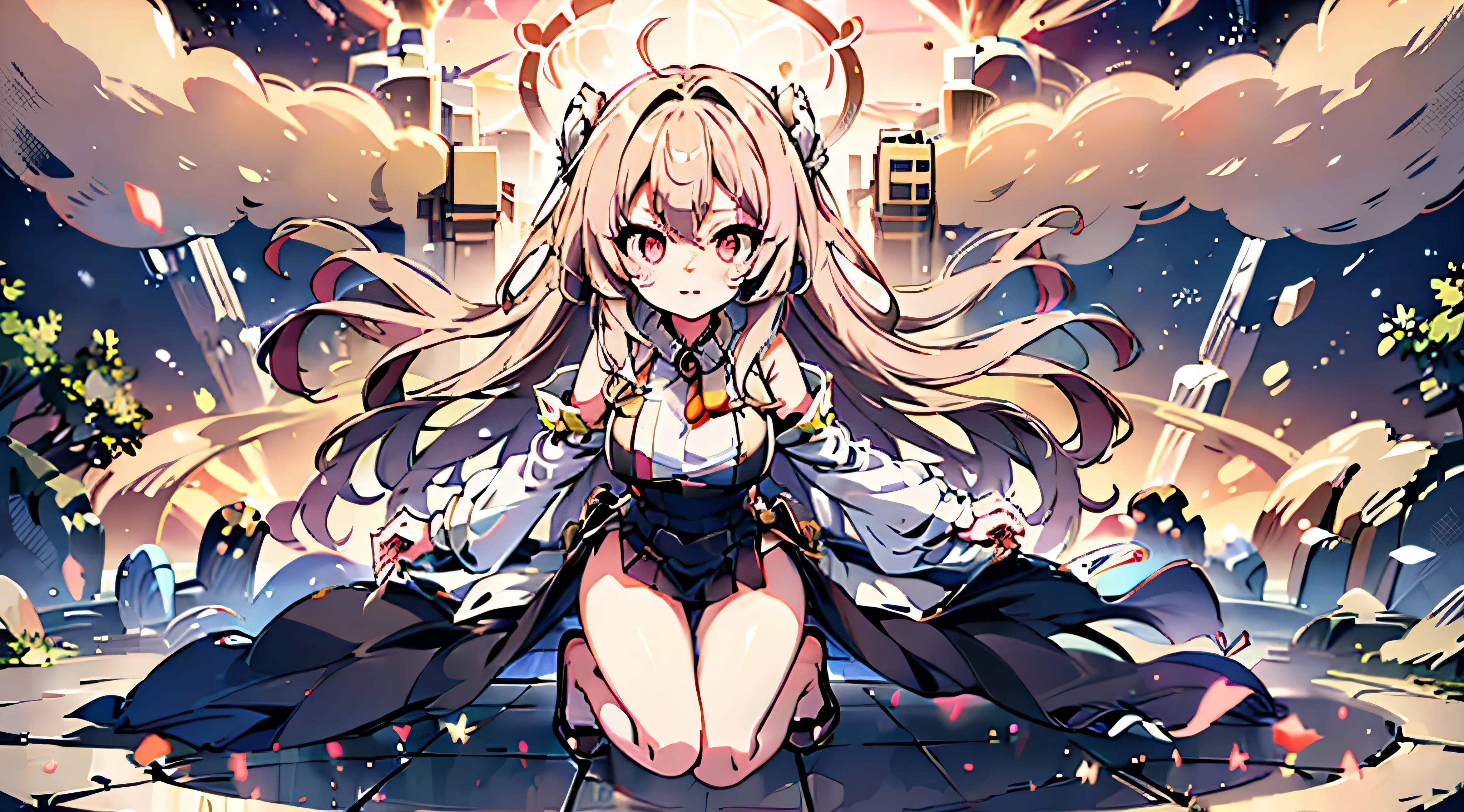 original female Flügel character from No Game No Life universe, full-body, elegant and powerful, long fluffy gradient hair (pink to blonde), golden glowing eyes with slit pupils, large geometric magic wings made of circuits and light, wearing futuristic and revealing Flügel-style outfit with high collar, detached sleeves, glowing runes, and thigh-high boots, levitating with open book and glowing spell circle in hand, confident expression, background of a glowing floating library in the sky, cinematic lighting, anime-style shading, ultra detail, masterpiece, 8k