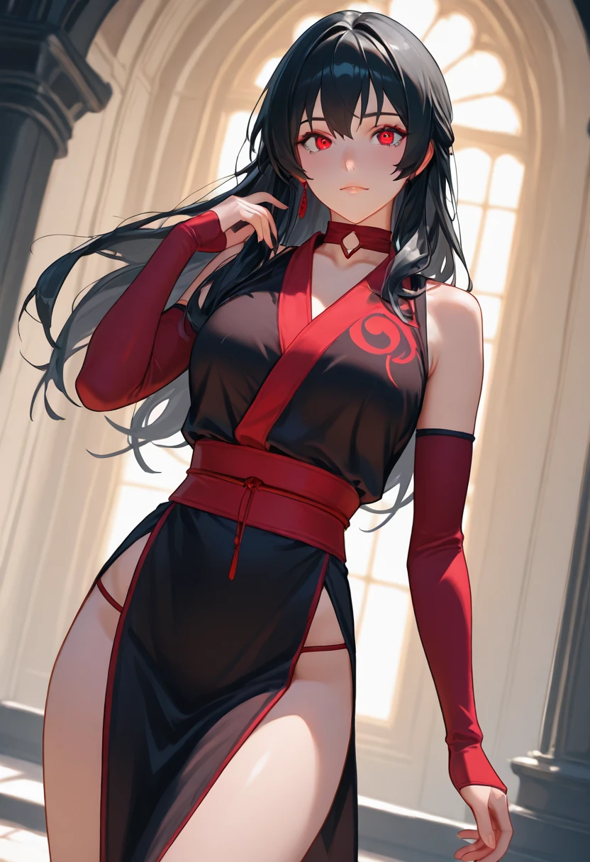((masterpiece,Highest quality;1.3,best illustration)),cowboy shot,1woman、独奏,30 year old beauty,((very small head:1.3)),black hair,(low ponytail),long hair,bangs,black eyes,gorgeous eyes,blush,medium breasts,(very long body:1.3),(toned body,slender body,skinny),gleaming skin,shiny skin,oily skin,((Female Ninja Costume))、No sleeve,Side slits,Black kimono、medieval Japan、