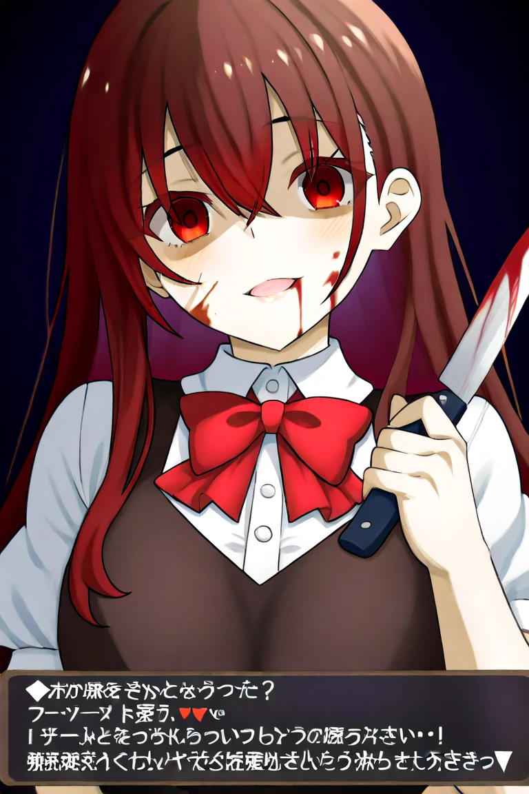 original character , 1girl, (crazy smile:1.2) , red hair , bangs , crazy eyes , hands on face , blood splatter on face , red and black color scheme, open mouth, (wide-eyed:1.2), glowing eyes
