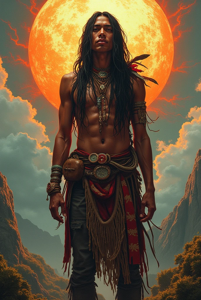 American classic comic book art: brown mini skirt, Very Handsome Native American young man, brown skin tone, male body, male chest, very long straight black hair long, feather earring, beautiful tiny skirt, bigbutt,native light brown clothing, feathered indigo scarf, beautiful thighs, clouds, young face man, blue green Magic Energy, green northern lights, focus on face, comic book 