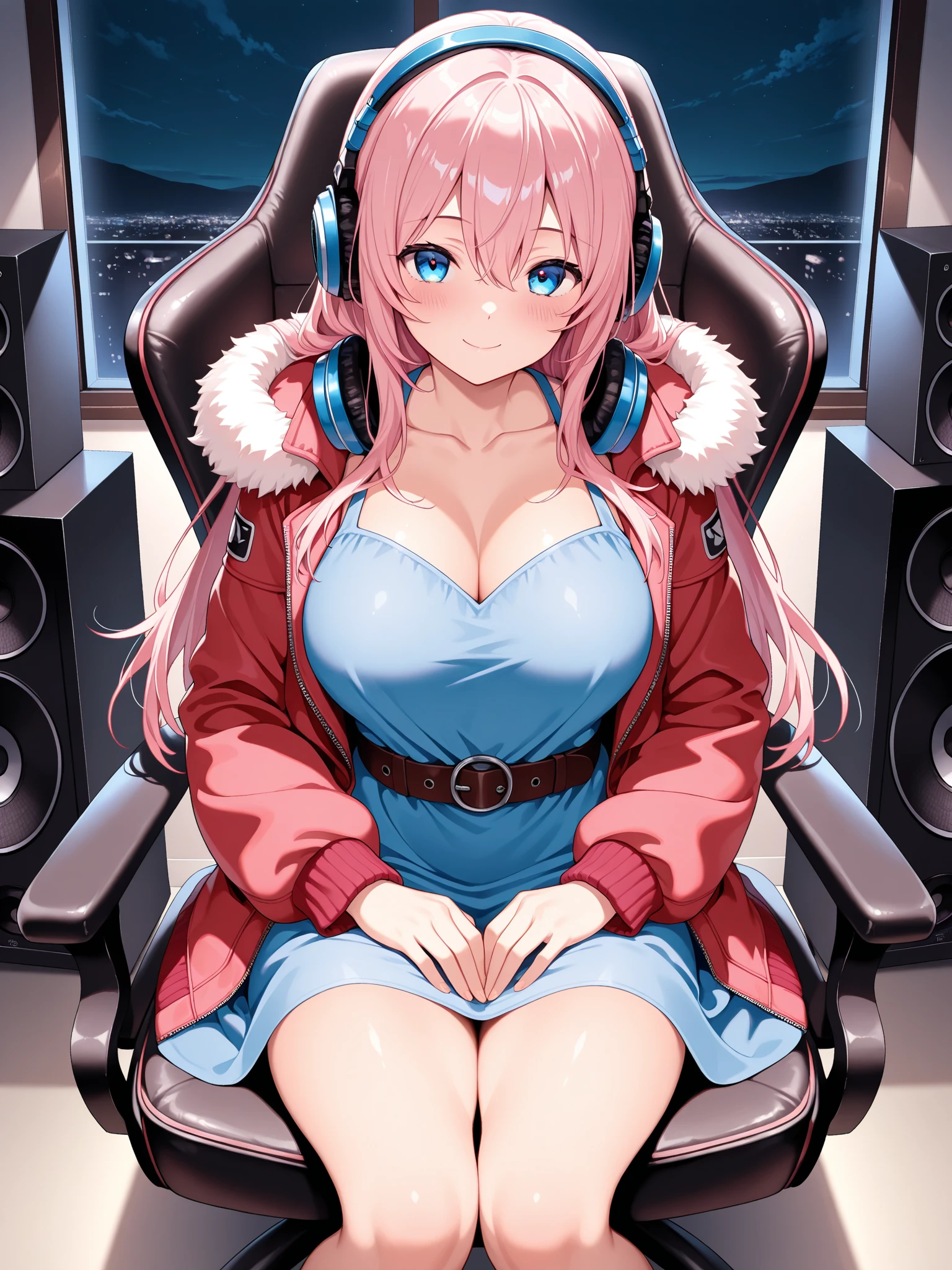 1girl, pink hair, long hair, big lips, pink eyes, hoodie, cleavage, huge breasts, light smile, blush, nose blush, indoors, sitting, gamer chair, short shorts, thigh highs plant, anime, egirl, intimate, portrait, cowboy shot, head tilt, thick thighs, wide hips, cat ear headphones, (egirl aesthetic), narrow waist, hourglass figure, bimbo,