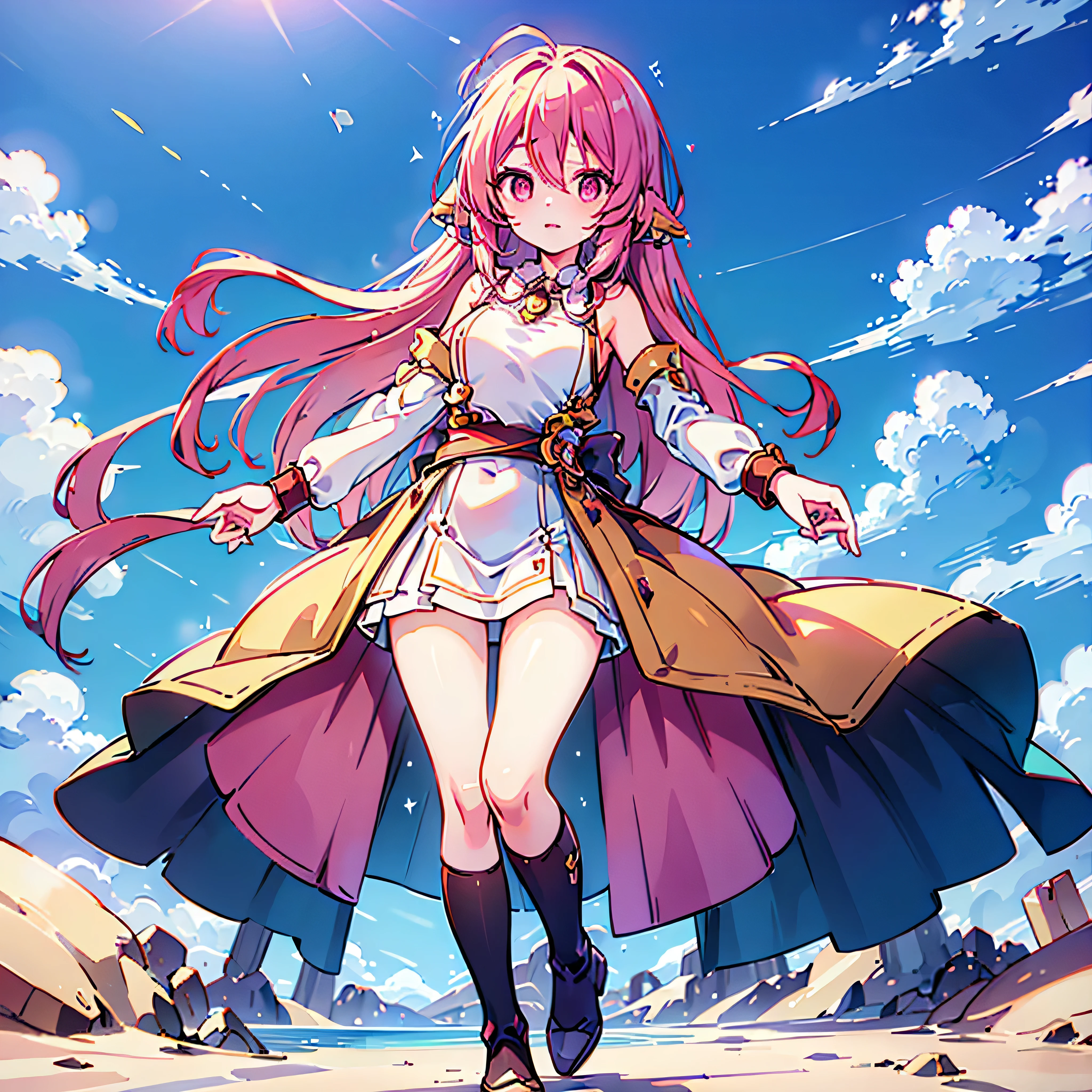 original female Flügel character from No Game No Life universe, full-body, elegant and powerful, long fluffy gradient hair (pink to blonde), golden glowing eyes with slit pupils, large geometric magic wings made of circuits and light, wearing futuristic and revealing Flügel-style outfit with high collar, detached sleeves, glowing runes, and thigh-high boots, levitating with open book and glowing spell circle in hand, confident expression, background of a glowing floating library in the sky, cinematic lighting, anime-style shading, ultra detail, masterpiece, 8k