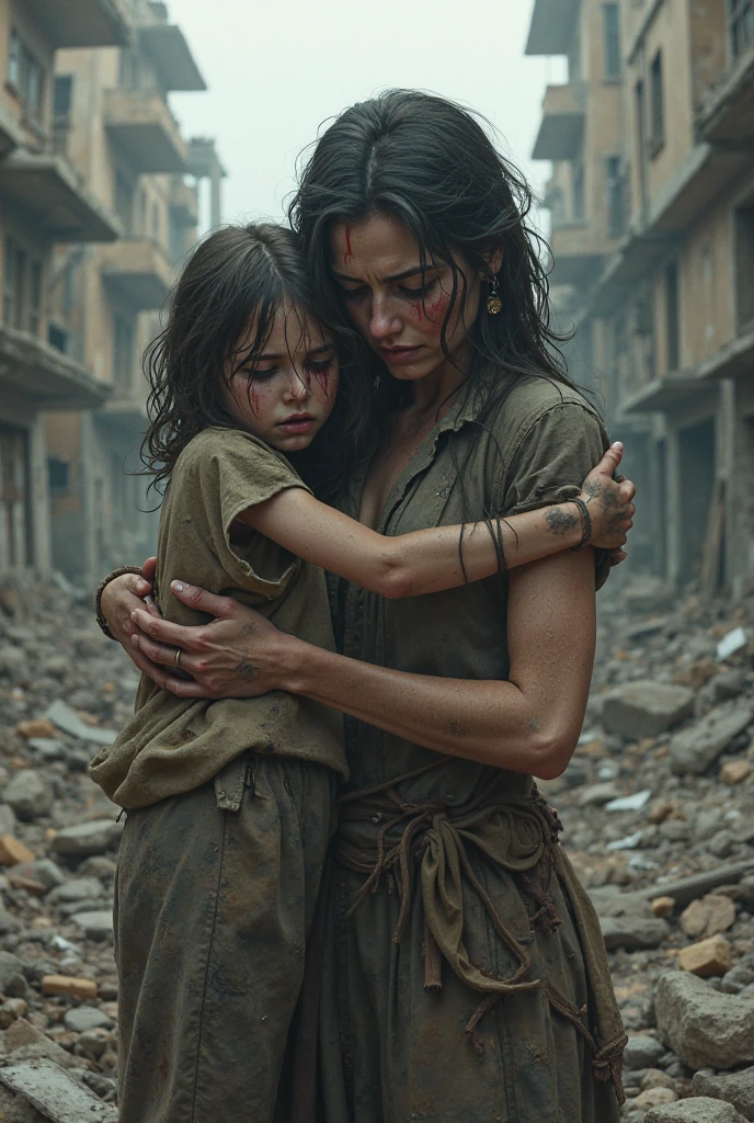 Irak, mother and daughter hugging crying the death of their little brother in the war, edificios destrozados