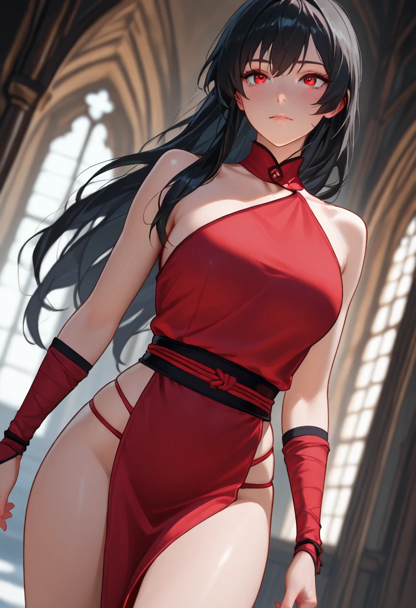 (masterpiece, top quality, best quality, official art, beautiful and aesthetic:1.2), young (1girl:1.3), (wearing torn red dress:1.3), (hair between eyes:1.3) hair, long black ponytail, (colorful blue eyes, tan skin:), extremely detailed, colorful, (highly detailed CG illustration), (looking at viewer), cinematic light, solo, half body, (character focus), ),, extravagant makeup, full lips, sexy pose, clothes ASIDE , used condoms, partially naked, shiny skin, red lingerie, tan skin, slender body, athletic