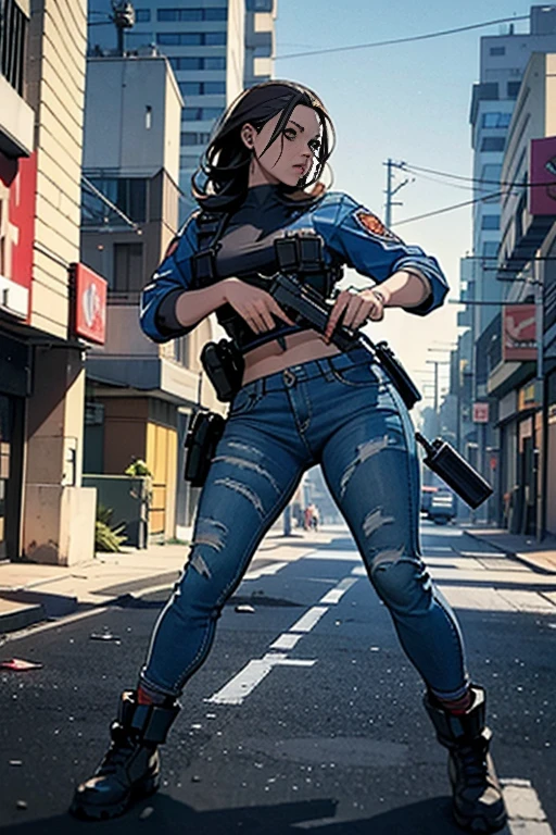 full body , futuristic police officer,fighting balaclava robber , combat , combat vest, hat, guandam police, (street man), ((dress black uniform)),no boobs, friendly winking, gloves, with straight and short brown hair, fair skin, a tribal tattoo on the arm, black eyes, ((full body)), ((perfect face)),((perfect iris eyes)), supported on walls with graffiti art, image fashion photographic catalog, Social realism, Realism, ray tracing, reflection light, high quality, high details, super detail, 8k, 16k, best quality