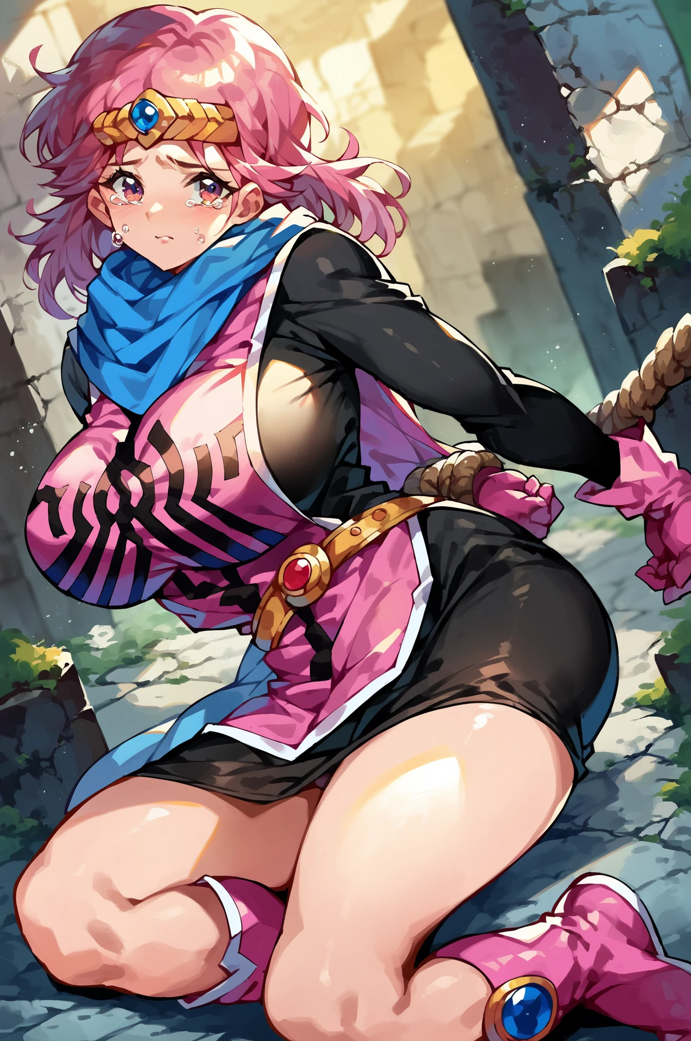 1girl, Solo, rebecca, anime style, breasts, bikini armor, pink hair, pink eyes, armor, cape, large breasts, braid, long hair, cleavage, gloves, navel, boots, shiny skin, helmet, smile, standing