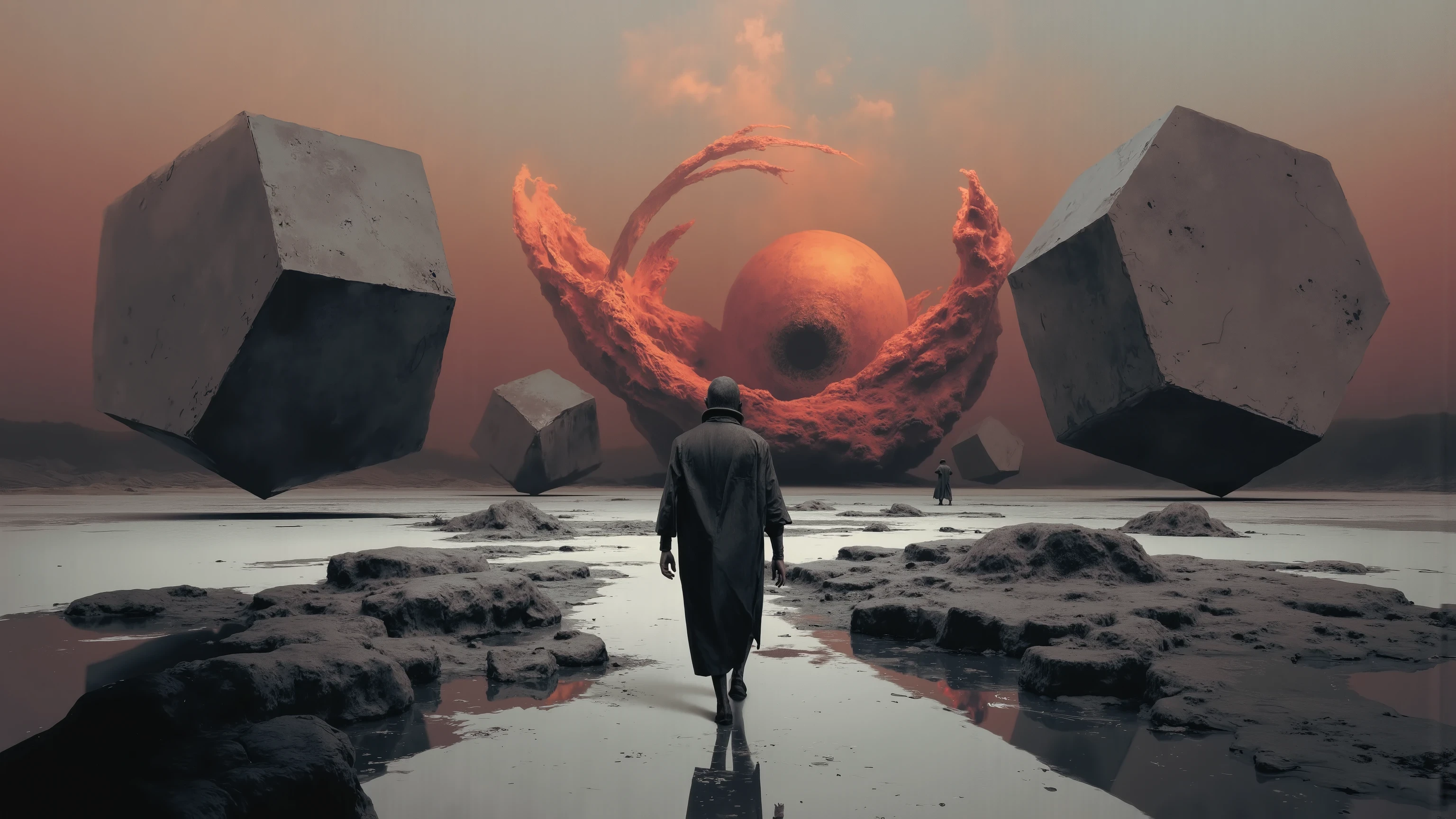 场景由巨大的管道和电路纹理组成,A lone figure walking across an icy plain, their path marked by large, floating geometric forms that glow softly in the twilight, surreal ink fantasy illustration, intricate fine-line details, rich cinematic lighting, organic textures merging with figures, muted earthy tones with glowing red and gold highlights, dreamlike psychological atmosphere, dark fantasy storytelling, ethereal supernatural elements, negative space blending into surreal backgrounds.维度转换建筑设计,全部由几何形体构成的建筑,unreal engine:1.4,超高清,质量最好:1.4, fotor现实主义者:1.4, 杰作:1.8, 超凡脱俗, , 新星球的殖民地, 阴郁氛围, 狂野的气氛, 恶劣的环境, 令人惊叹, 令人惊叹的艺术品. (质量最好,4K,8千,高分辨率,杰作:1.2), 超详细的 ,(现实主义者,fotor现实主义者,fotor现实主义者:1.37),HDR,超高清,工作室照明, 超薄涂料, 清晰的焦点, 基于物理的渲染, 非常详细的描述, 专业的, 梦幻城市, 帝国的首都, 超高摩天大楼. 用于停泊星际巡洋舰的太空塔, 刺破天空, 这条河穿过城市, 城市花园中的瀑布, 超高瀑布, 从不睡觉. , 它的建筑奇迹体现在未来派风格中,Город 充满活力, 现代科技与传统的阿拉伯豪华城市结构无缝融合.. This is an 令人惊叹 piece of art, 使用Pixai, 让强大的人工智能模型焕发生机, 展现我们想象力的无限创造力和可能性. 在 Pixai 体验未来城市景观,沉浸在幽灵般的艺术世界中, 充满熔岩的深不见底的裂缝, 熔岩瀑布, 火与烟, 一艘运输飞船停泊在宇宙港航站楼, 科幻感,金属质感,大广角构图。场景空旷感,神圣感, 栅格光影,天空中有一个金色的圆环发着光,营造出深度感和视角感, 暗色调,影视构图,广角构图,电影光照,Art by Piotr Jabłońsrk4rt,Billie Eilish