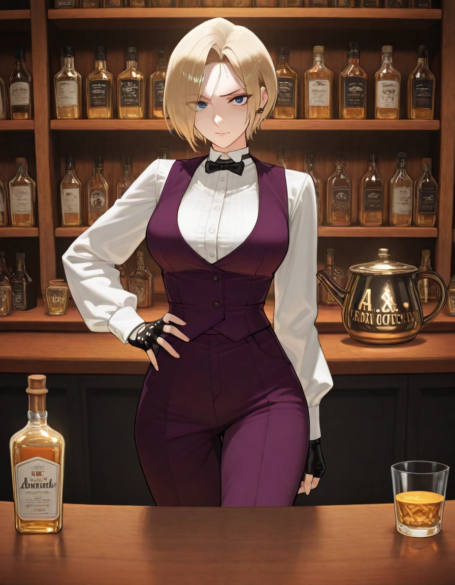 score_9, score_8_up, score_7_up, best quality, intricate details, 1girl,
 <lora:King_aof_v05:1> king aof, blue eyes, short hair, blonde hair, 
bowtie, collared shirt, fingerless gloves, high-waist pants, long sleeves, purple suit vest
bar, counter, bottles,