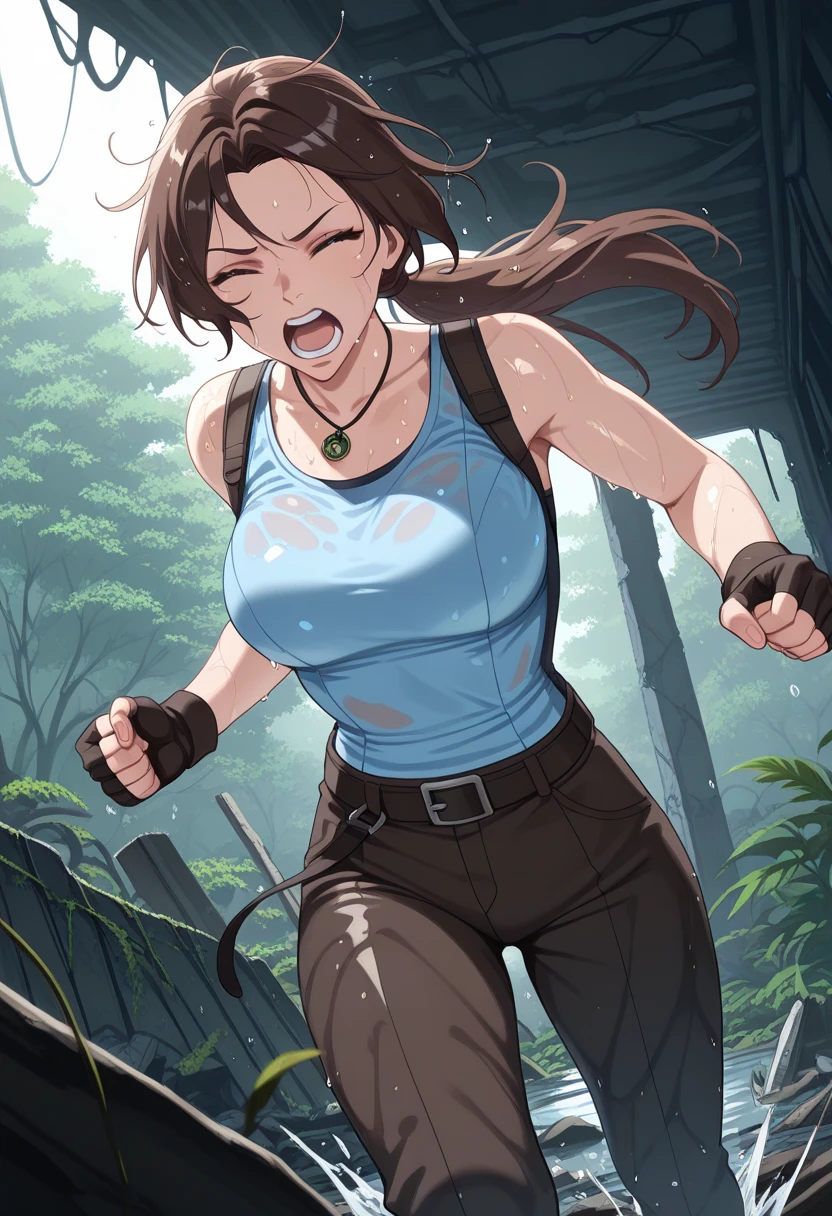 (best quality, masterpiece1.2), (detailed eye:1.2), complex detail, depth of field, 1girl, jungle, crop top, sweat, brown hair, exploration, good proportion, curvy, night, moon, backpack, (tomb raider: 1.2), (Lara Croft: 1.2 ), gun strap to leg, action, dynamic, (wet), lost temple, cameltoe, tight tank top, (ripped clothes), nipple, clothes tearing down, sweat, seductive face, cute