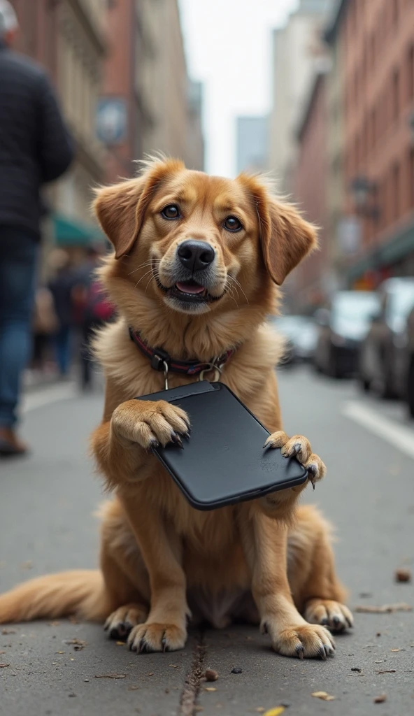 A dog is sitting on the street and eating a tablet.