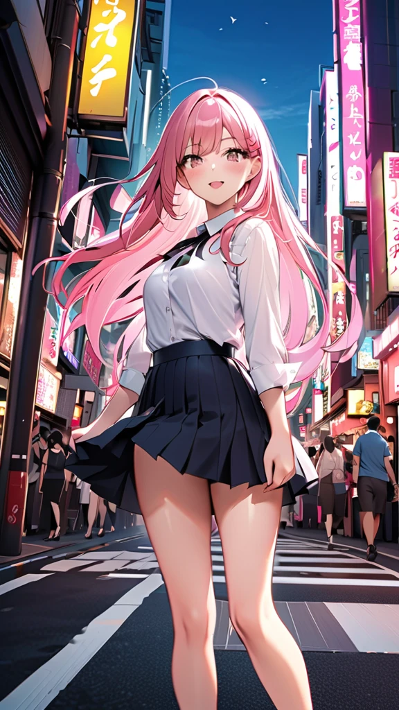 Masterpiece, top quality, best quality, official art, beautiful and aesthetic, anime, 1girl, Zero Two, extremely detailed, colorful, more detailed ((ultra-detailed)), (highly detailed CG illustration),horny,detailed face,pink hair, big green eyes,wet white blouse,transparent blouse,short skirt,stockings, in middle,skinny fit, small breasts,cleavege,neckline,street,night,cyberpunk,rain,wet,from behind, upskirt, showing panties,camel toe.